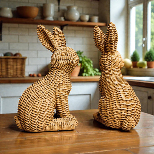 Rabbit Statue Wicker Weave Bunnies, Easter Bunny Home Decor: Brown