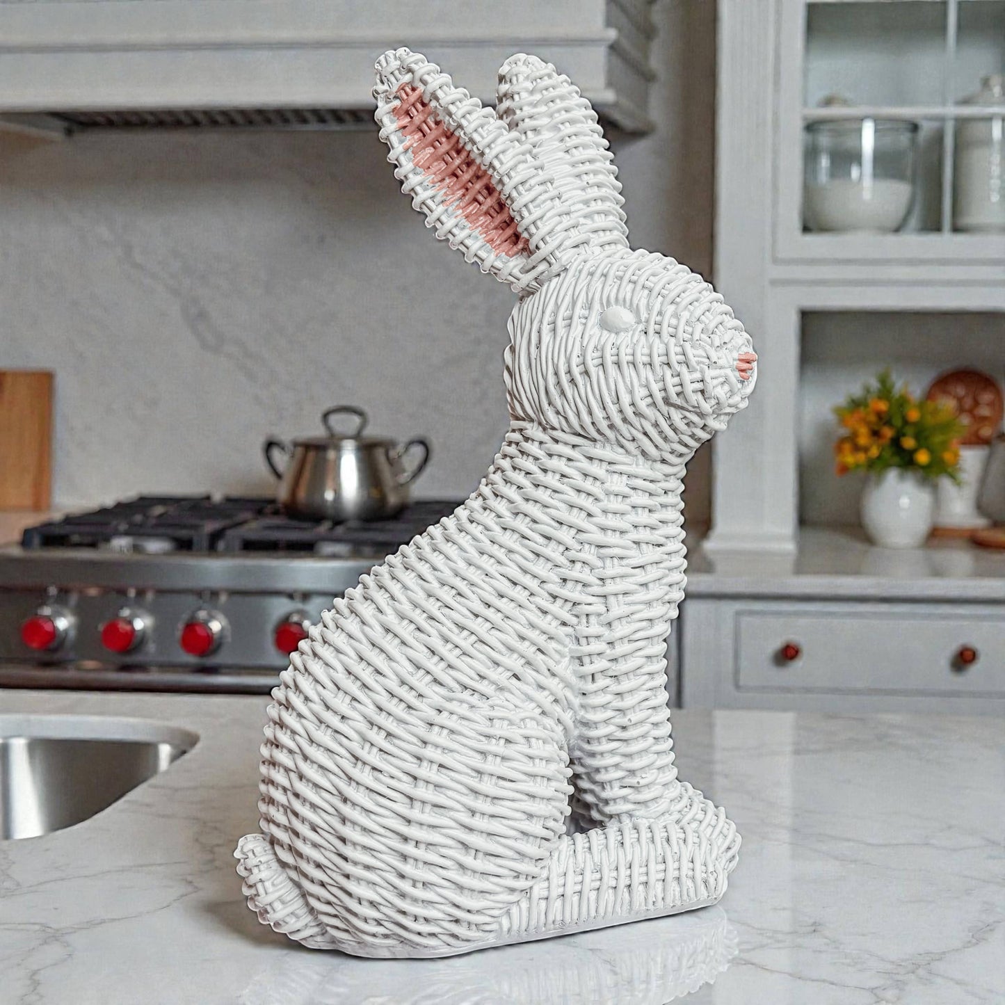Easter Farmhouse Home Decor, Resin Bunny Figurine Rattan : White