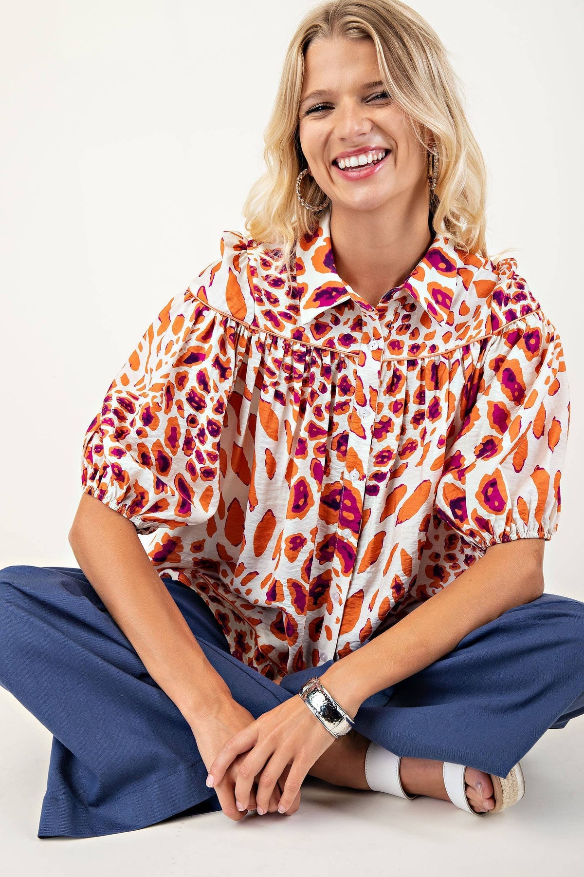 Leopard Print Button Down Blouse: BLUE / 2-2-2 (S-M-L)