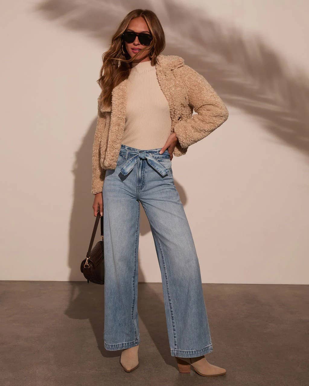 High Waist Tie-Waist Jeans: Denim Blue / M