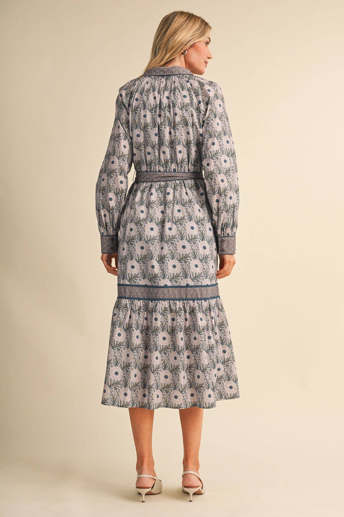 MIXED FLORAL BUTTON DOWN BELTED MIDI DRESS MDR5220: GREY TEAL / M
