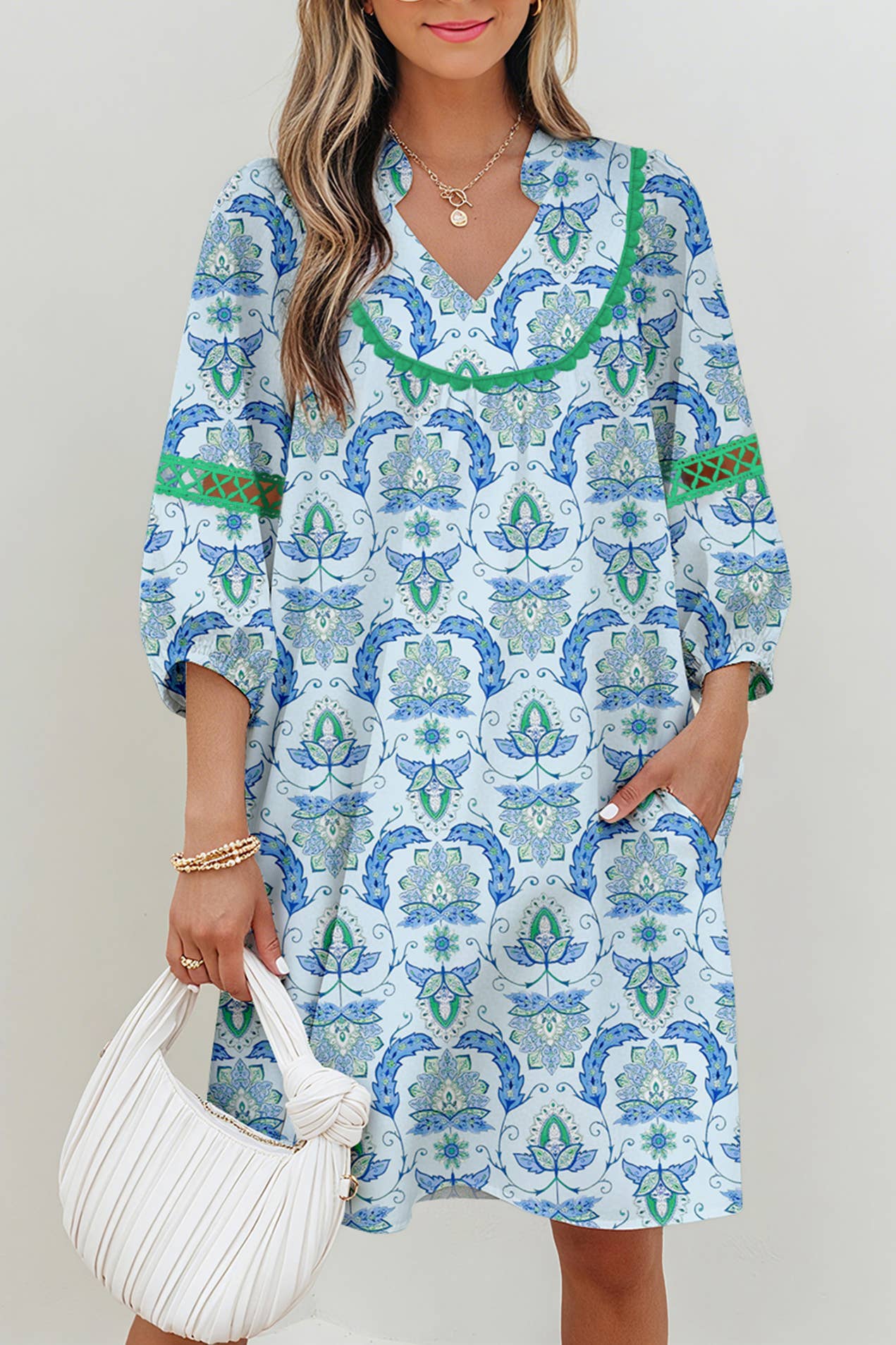 Boho Paisley Patchwork Detail 3/4 Sleeve Mini Dress | S-XL: Sky Blue / M