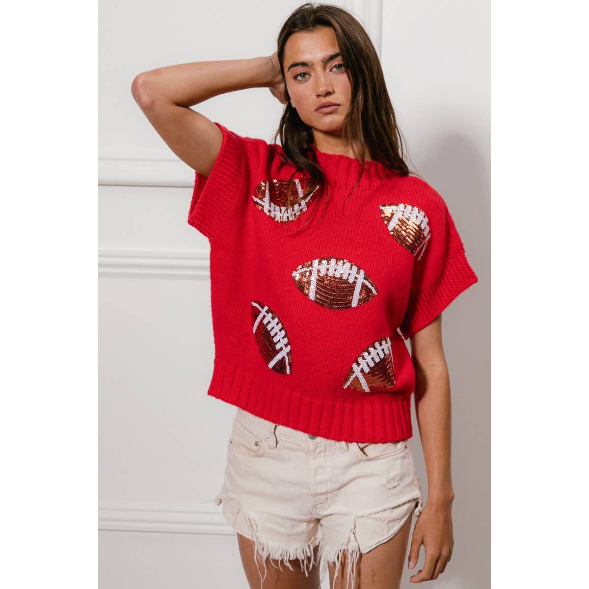 SEQUIN FOOTBALL PATCHES RIB BANDED SWEATER: OATMEAL / S