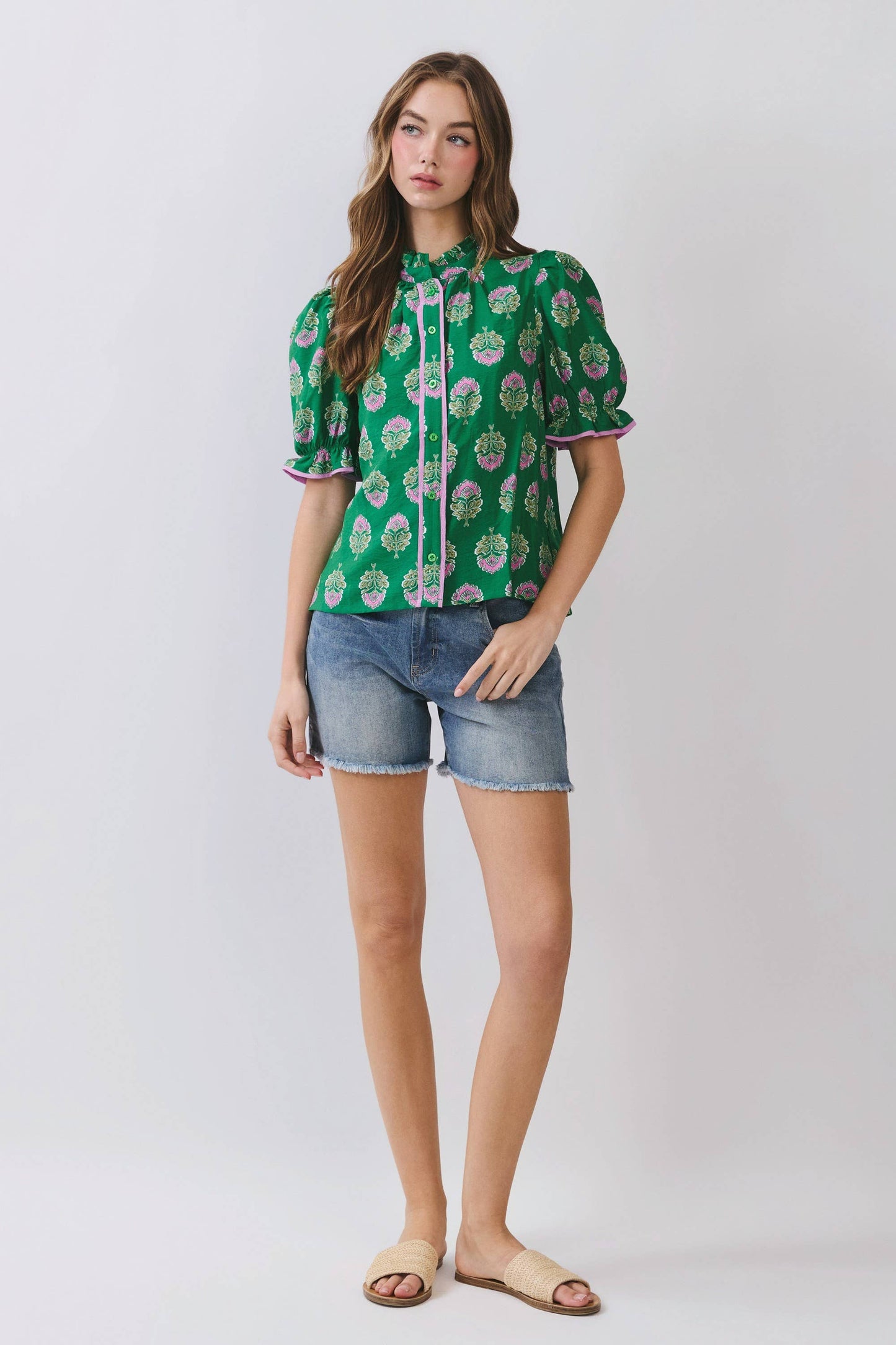 CT9993-Floral Block Print Ruffle Neck Puff Sleeve Top: Green / L