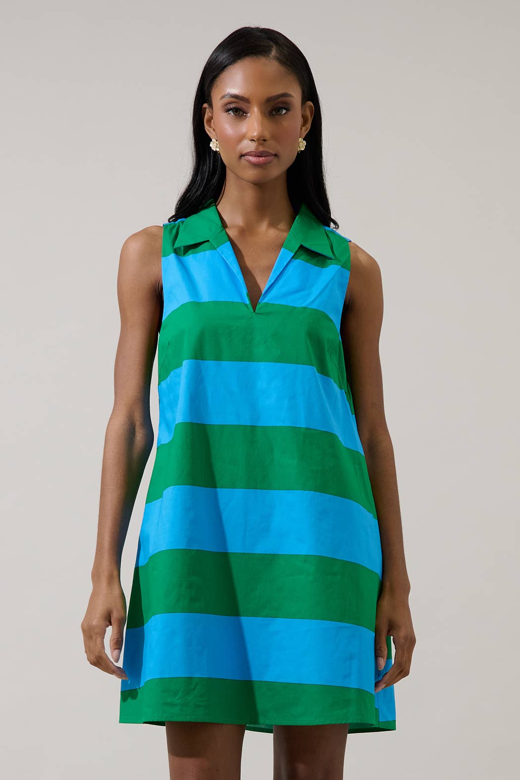 Valdy Striped Lexya Collared Shift Mini Dress: BLUE-GRN-STRIPE / XL