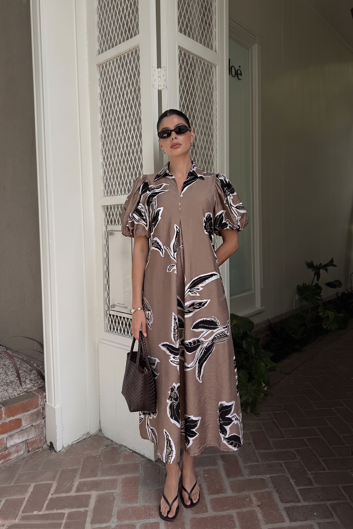 Fall/Winter Print Puff Sleeve Midi Dress : Rust / S
