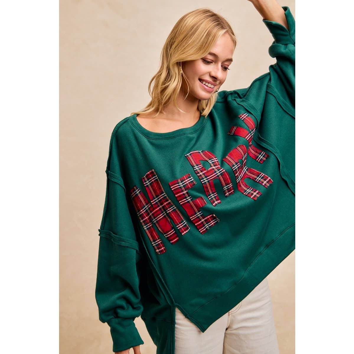 CHRISTMAS PLAID MERRY LETTERING FLEECE SWEATSHIRT: WHITE/RED PLAID / S