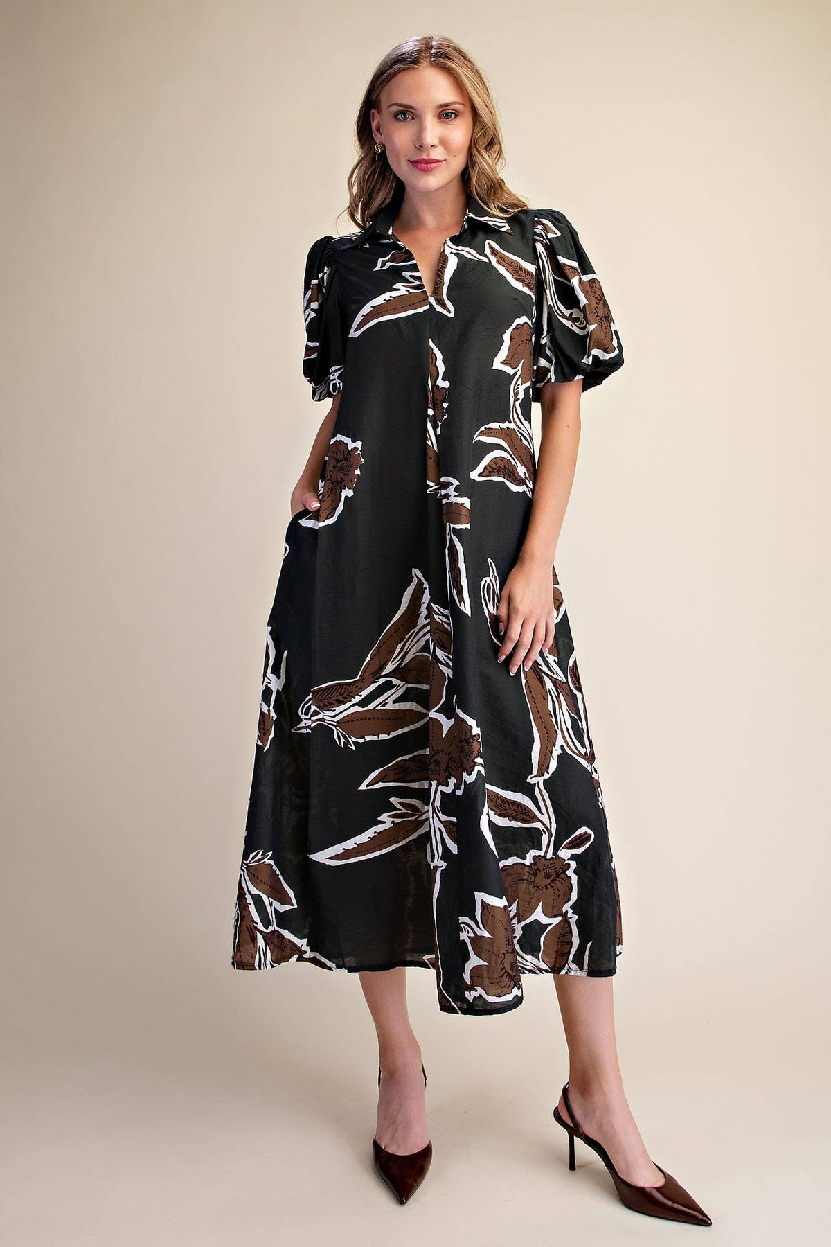 Fall/Winter Print Puff Sleeve Midi Dress : Rust / L