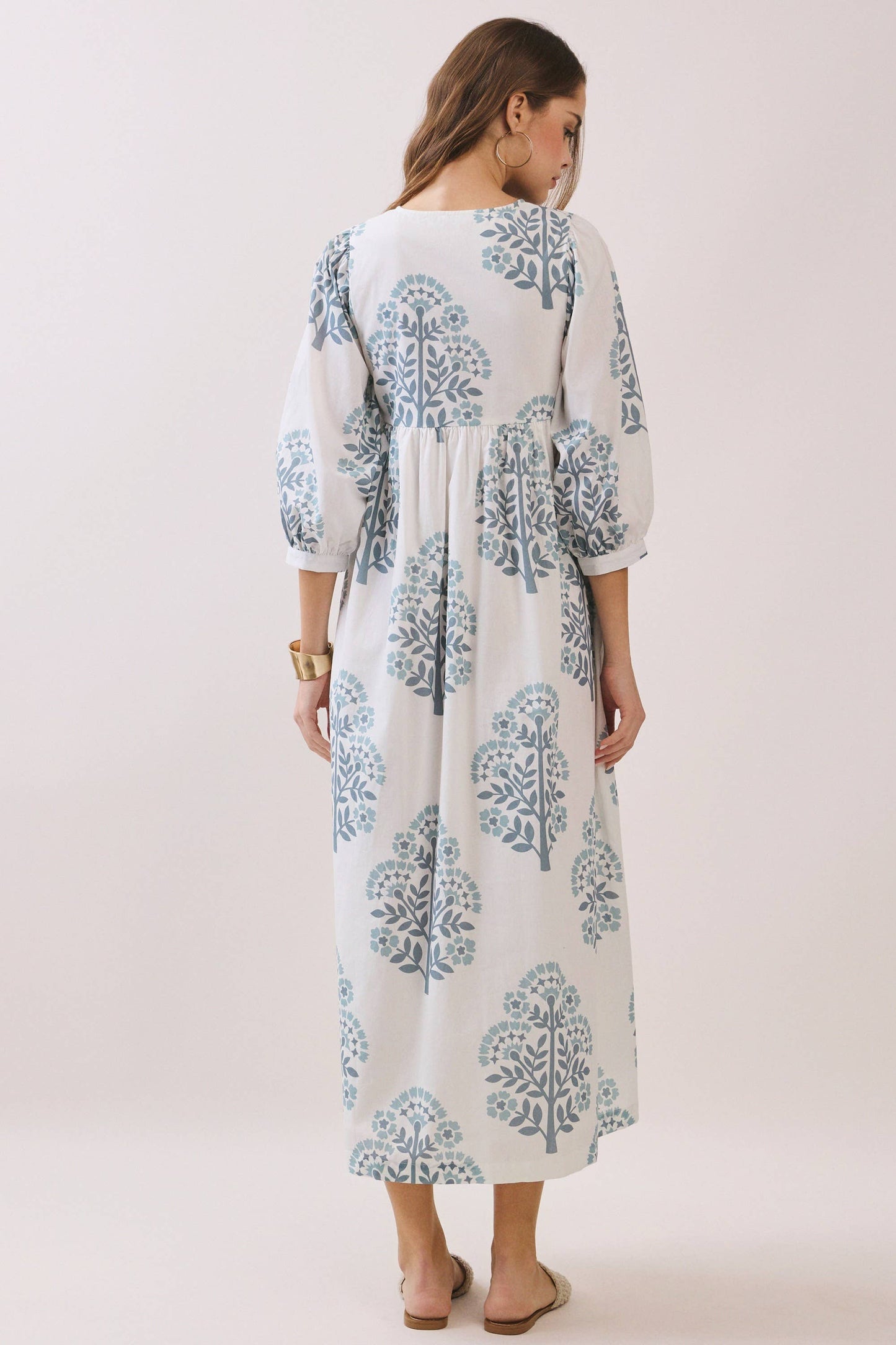 CD06780-Printed Keyhole Front Dress With Balloon Sleeves: Blue / S