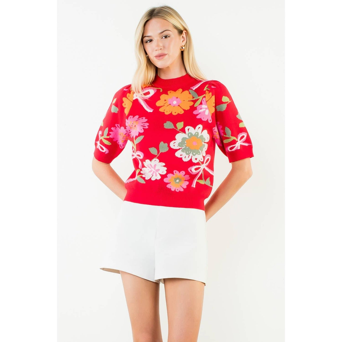 Short Sleeve Floral Detail Knit Top: RED / XS-S-M-L(1-2-2-1)