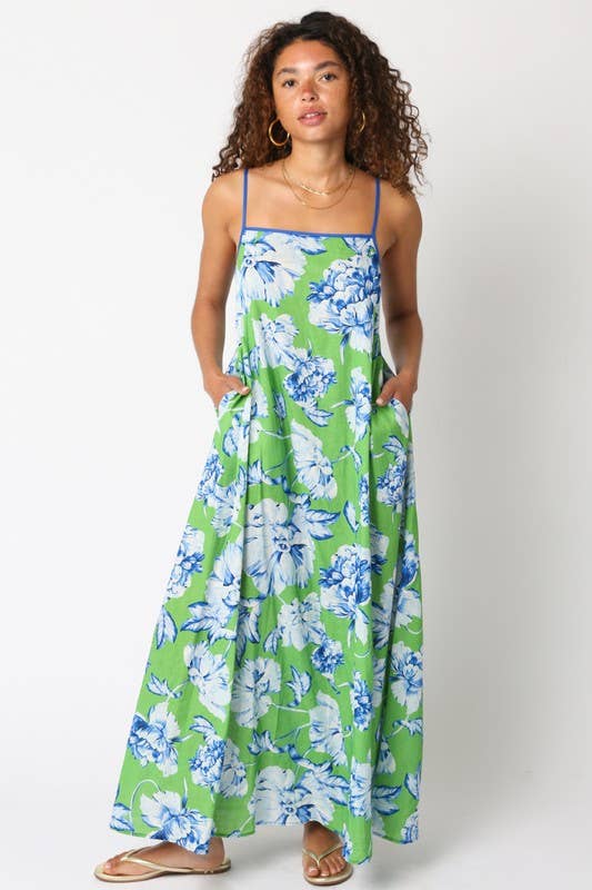 Erika Floral Dress: Green White Blue / L