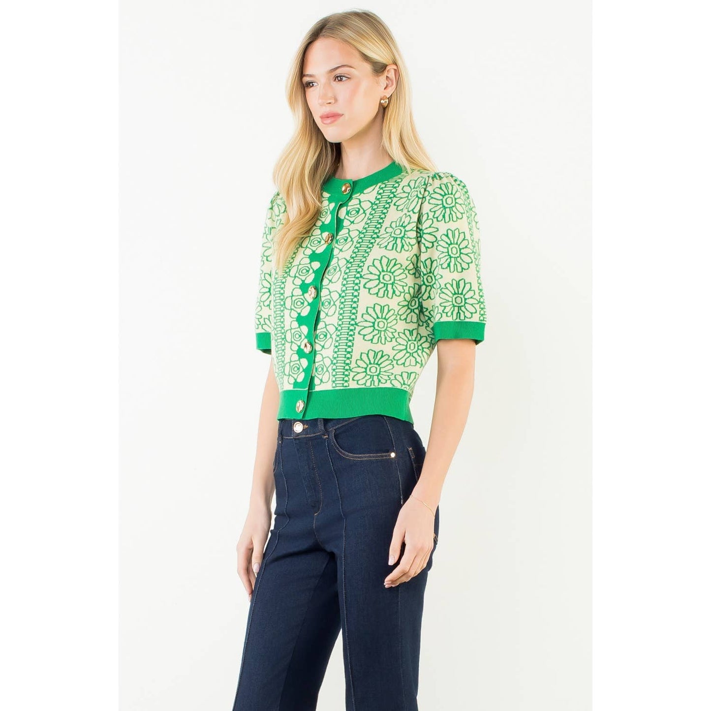 Short Sleeve Floral Pattern Button Up Top: GREEN / XS-S-M-L(1-2-2-1)