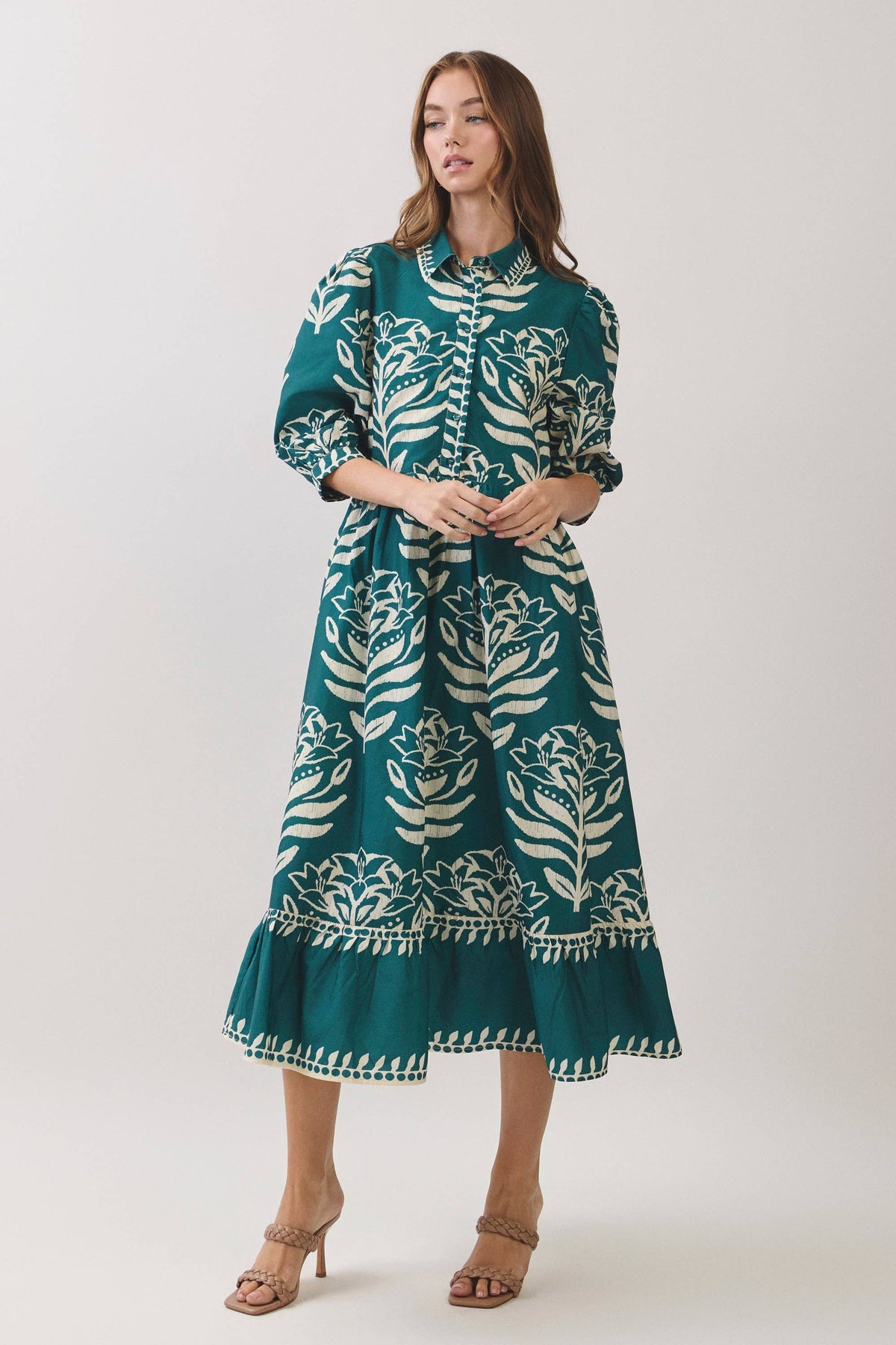 CD07496-Floral Print Puff Sleeve Midi Dress: BERRY / L
