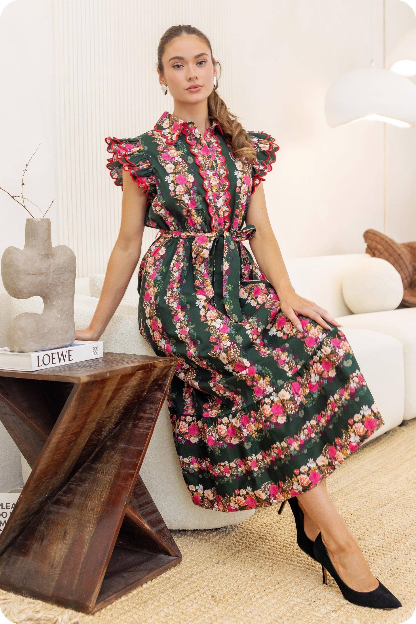 Ruffle Scallop Embroidery Floral Midi Dress: Deep Green/pink Multi / S