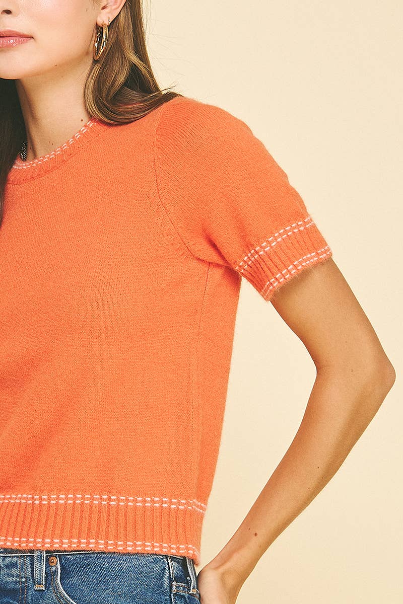 STITCH DETAILED SHORT SLEEVE SWEATER TOP - 6856W: SALMON / L