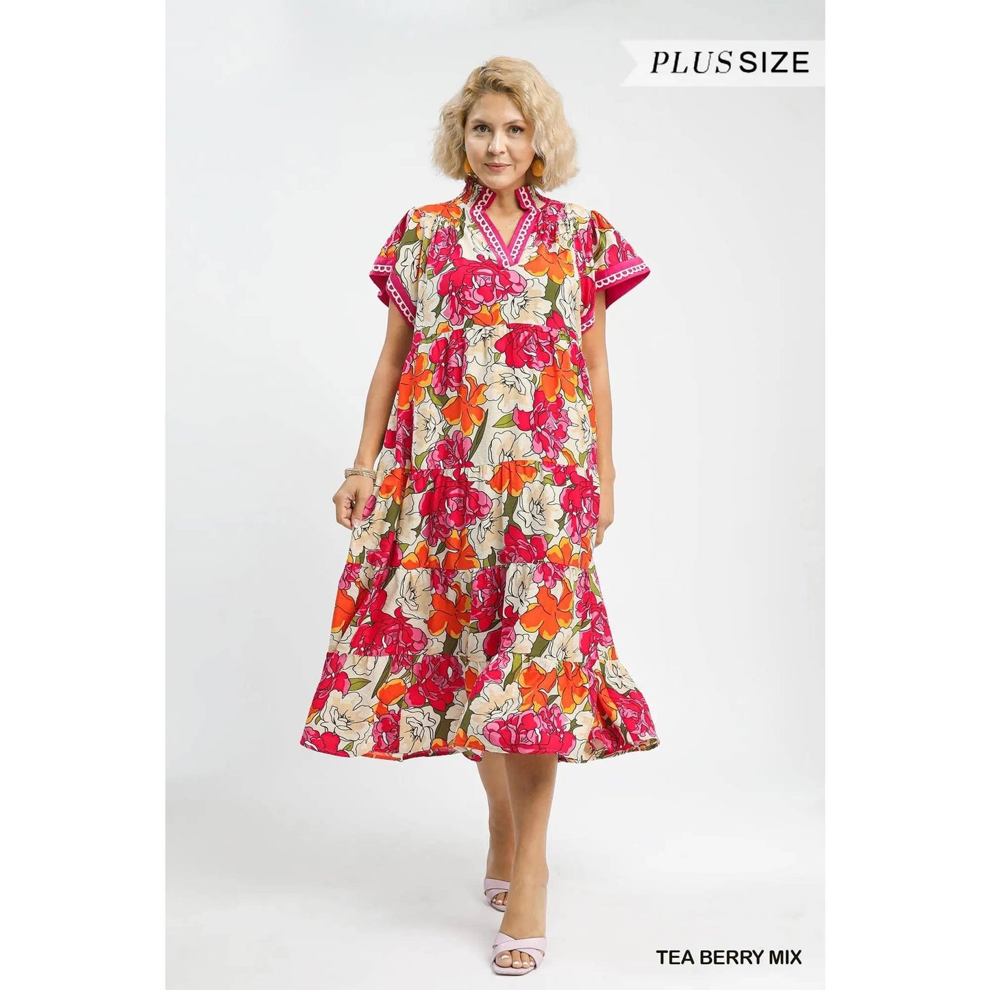 PLUS Mix Bold Floral Tiered Midi Dress: TEA BERRY MIX / 1X