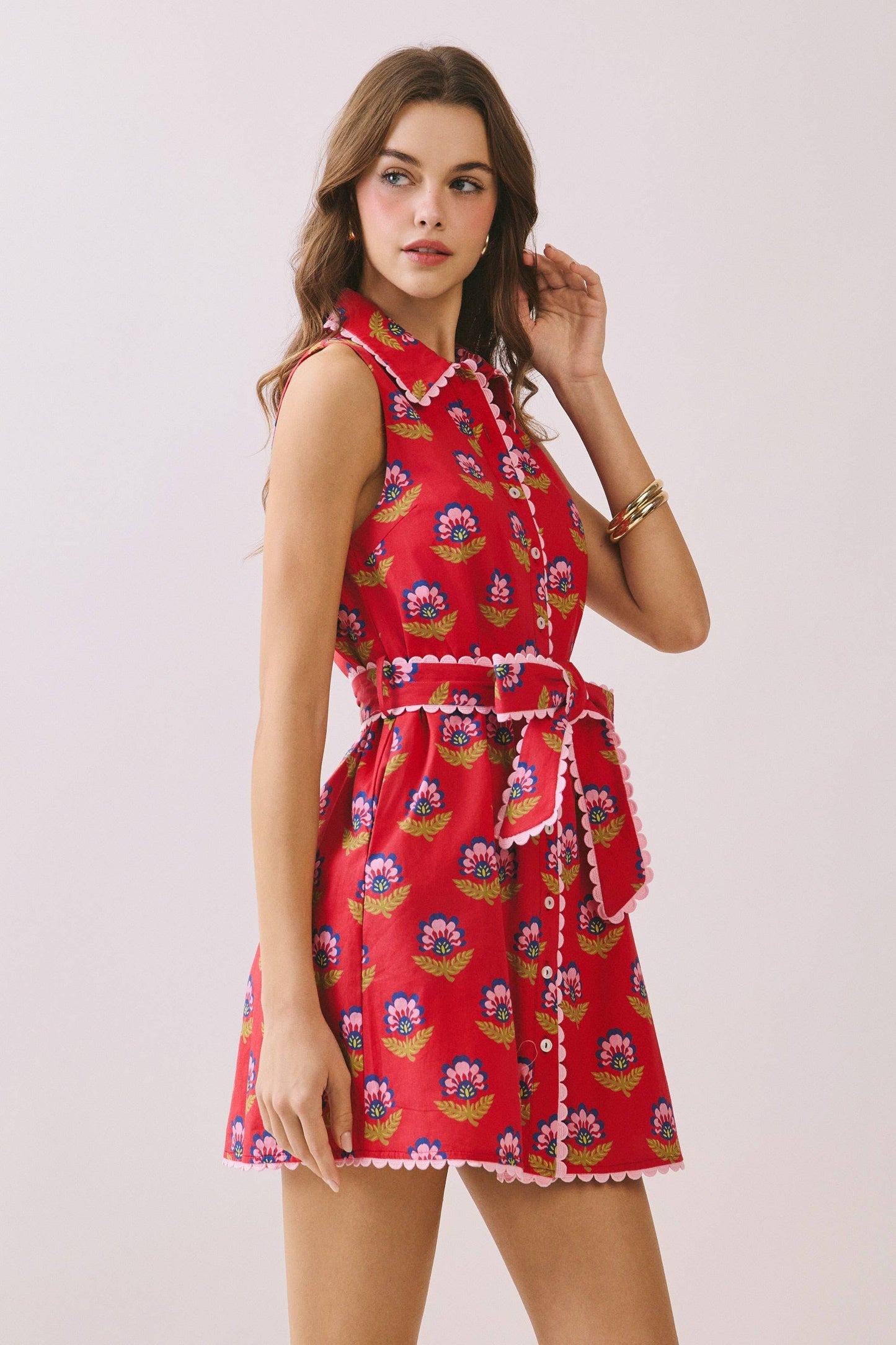 CD06056-Floral Print Contrast Scalloped Trim Detail Dress: Blue / S