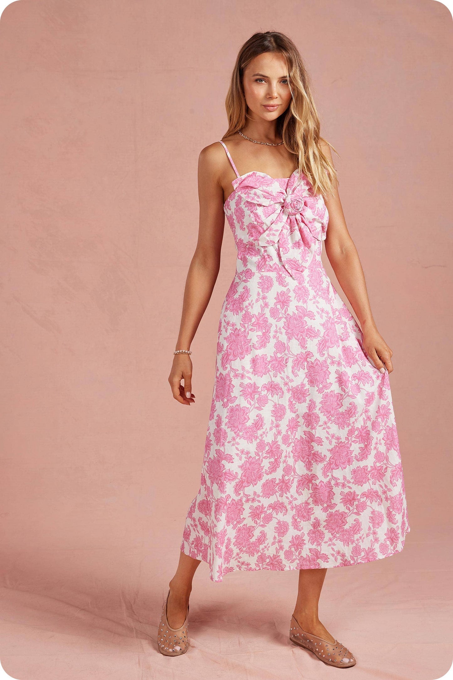 Botanical Garden Bow Flower Sleeveless Midi Dress: Pink/white / M