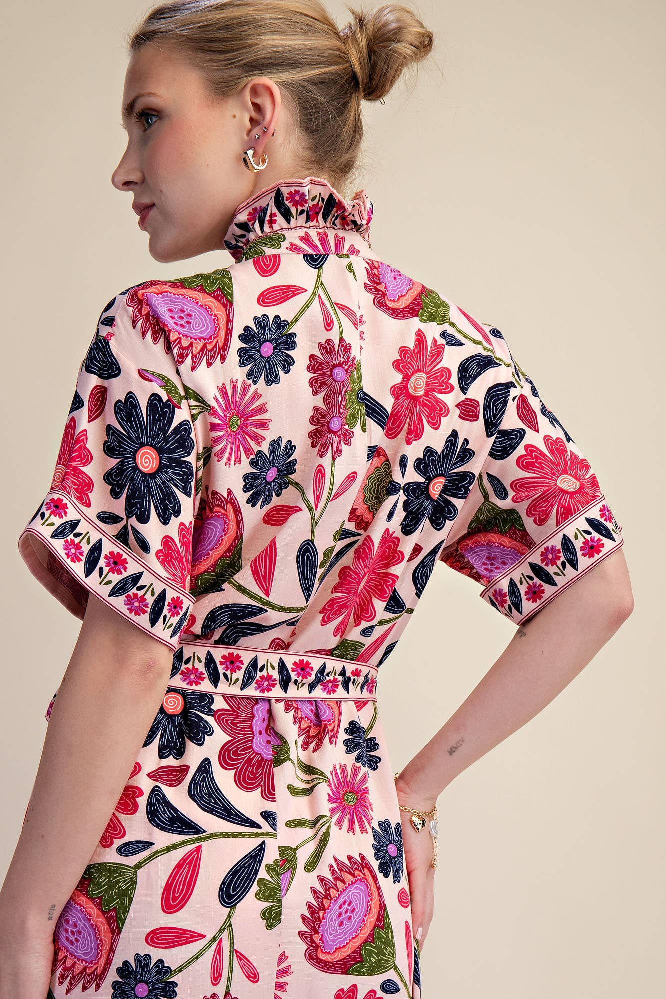 Waist Tie Belt Collar Neck Button-Up Shirts Floral Midi Dres: Coral / S