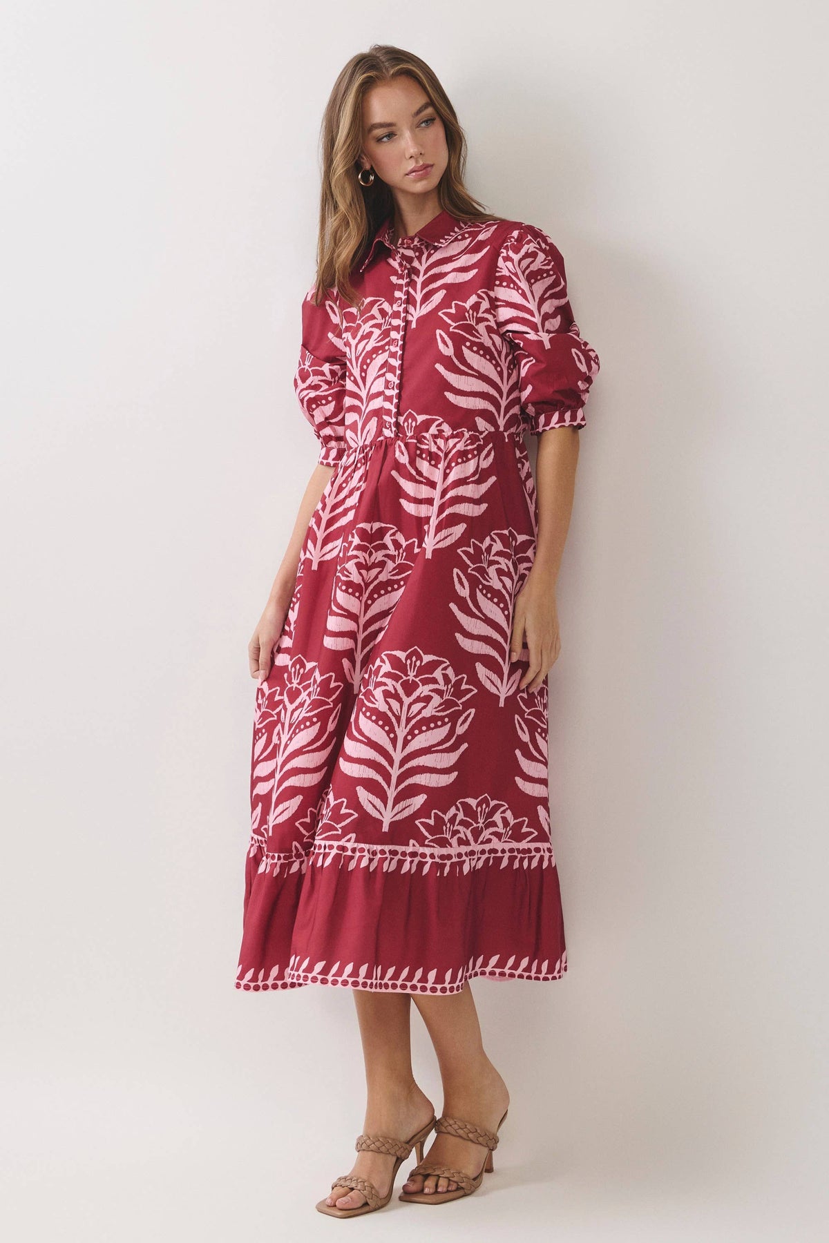 CD07496-Floral Print Puff Sleeve Midi Dress: BERRY / S