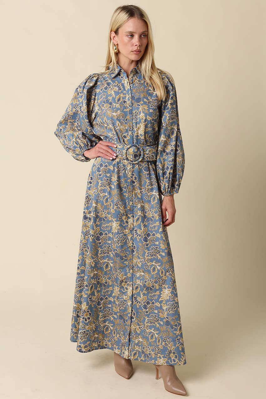 Jasmin Floral Belted Maxi Dress: Blue Grey Gold / L