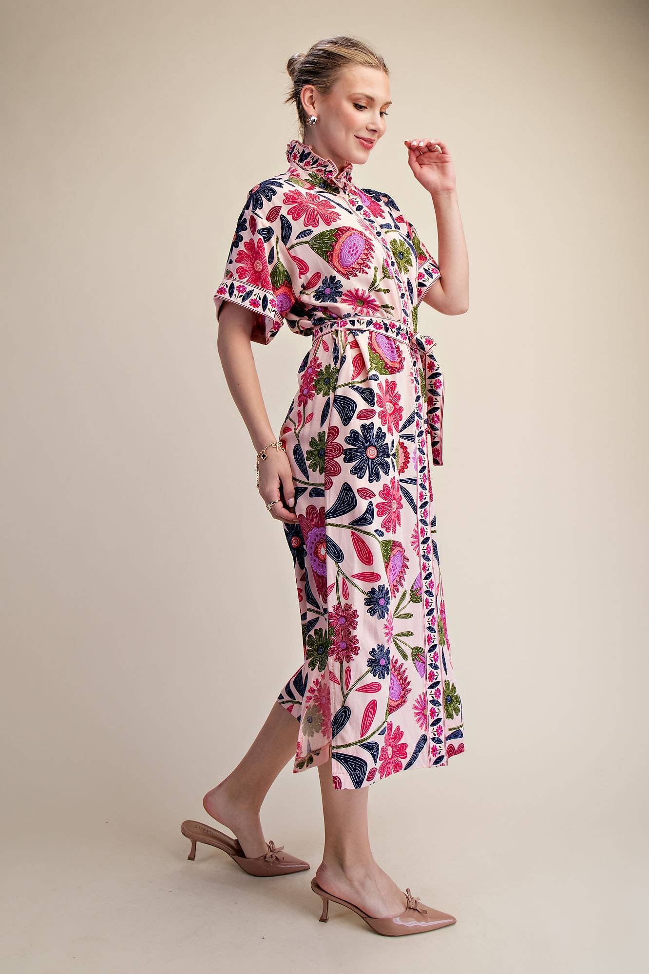 Waist Tie Belt Collar Neck Button-Up Shirts Floral Midi Dres: Coral / S