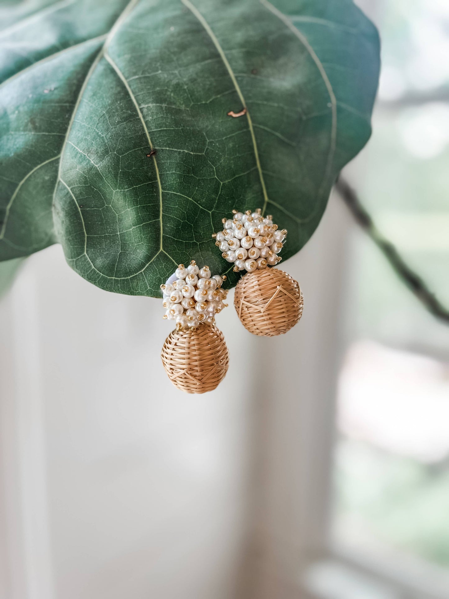 Pearl cluster and Rattan ball Statement Earrings