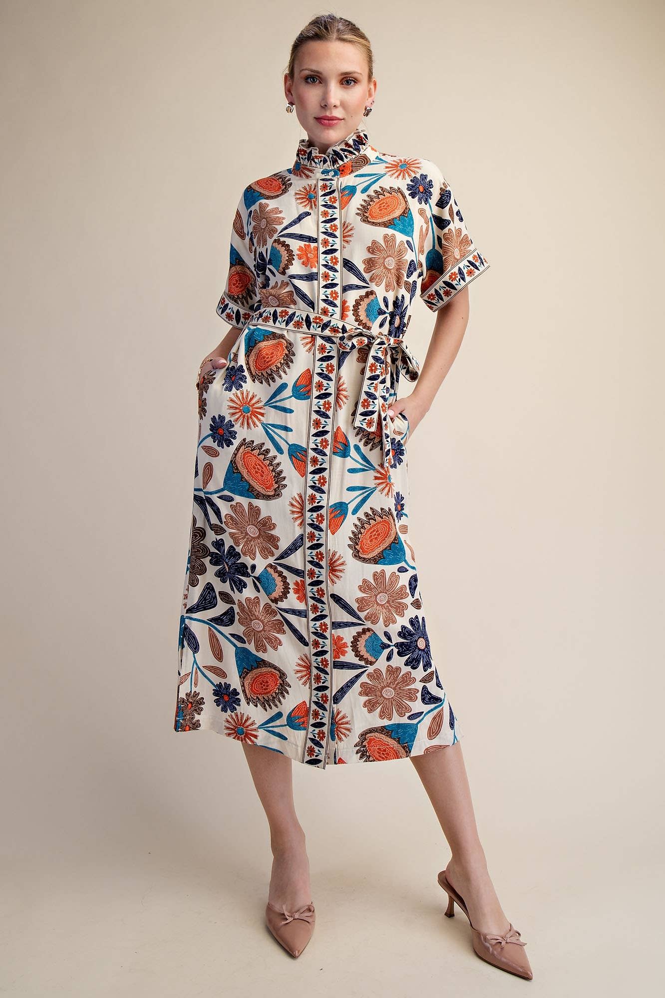 Waist Tie Belt Collar Neck Button-Up Shirts Floral Midi Dres: Coral / S