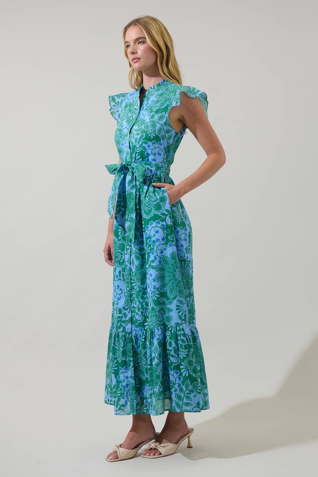 Tressa Floral Riah Button Down Maxi Dress: KELLY-BLUE-MUL / XL