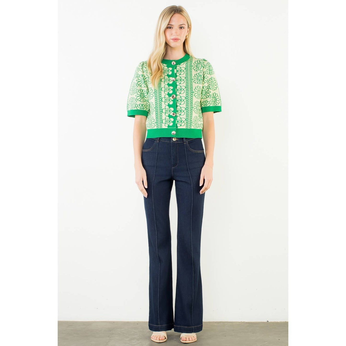 Short Sleeve Floral Pattern Button Up Top: GREEN / XS-S-M-L(1-2-2-1)