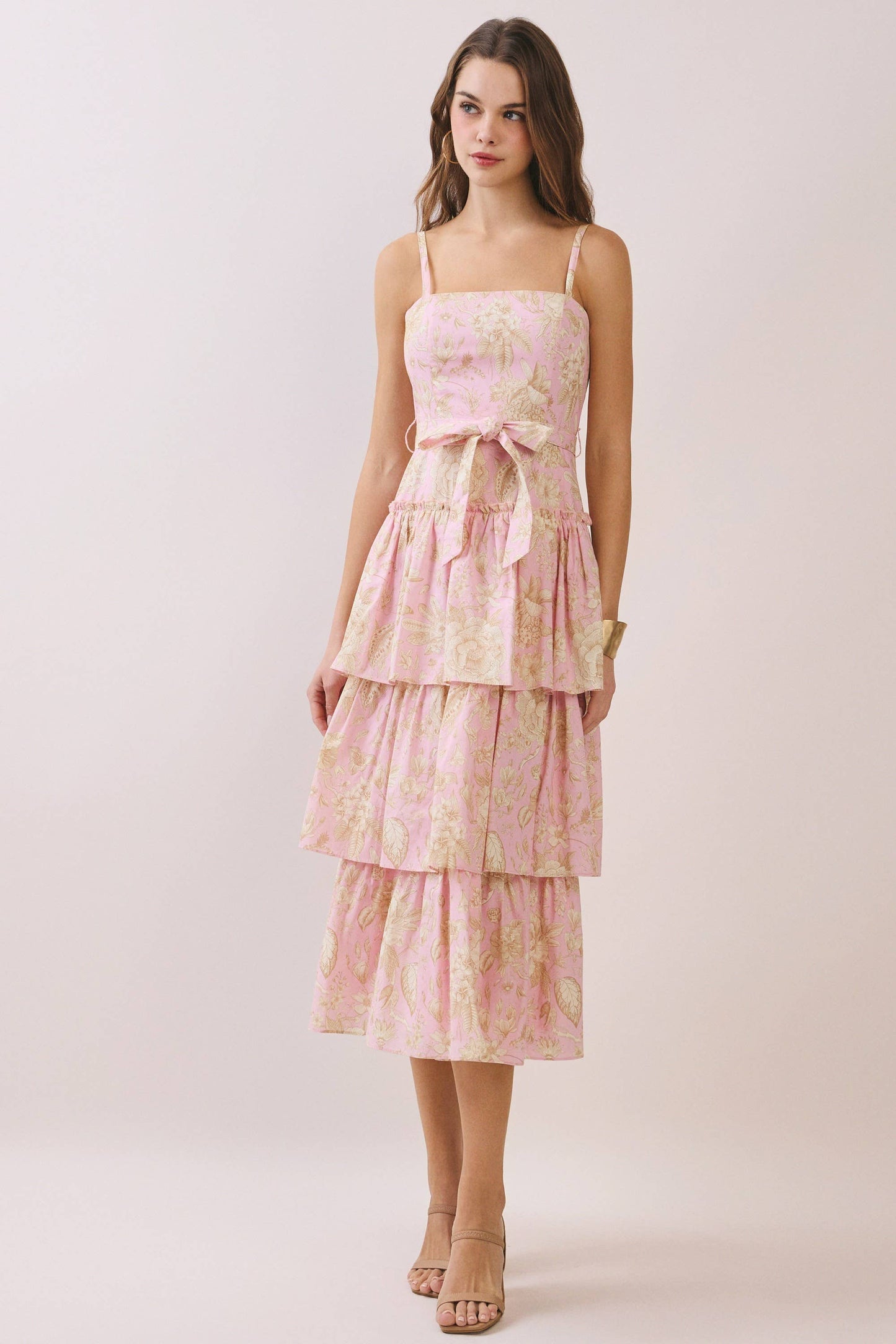 CD06782-Floral Print Square Neck Tiered Ruffle Midi Dress: Pink / S