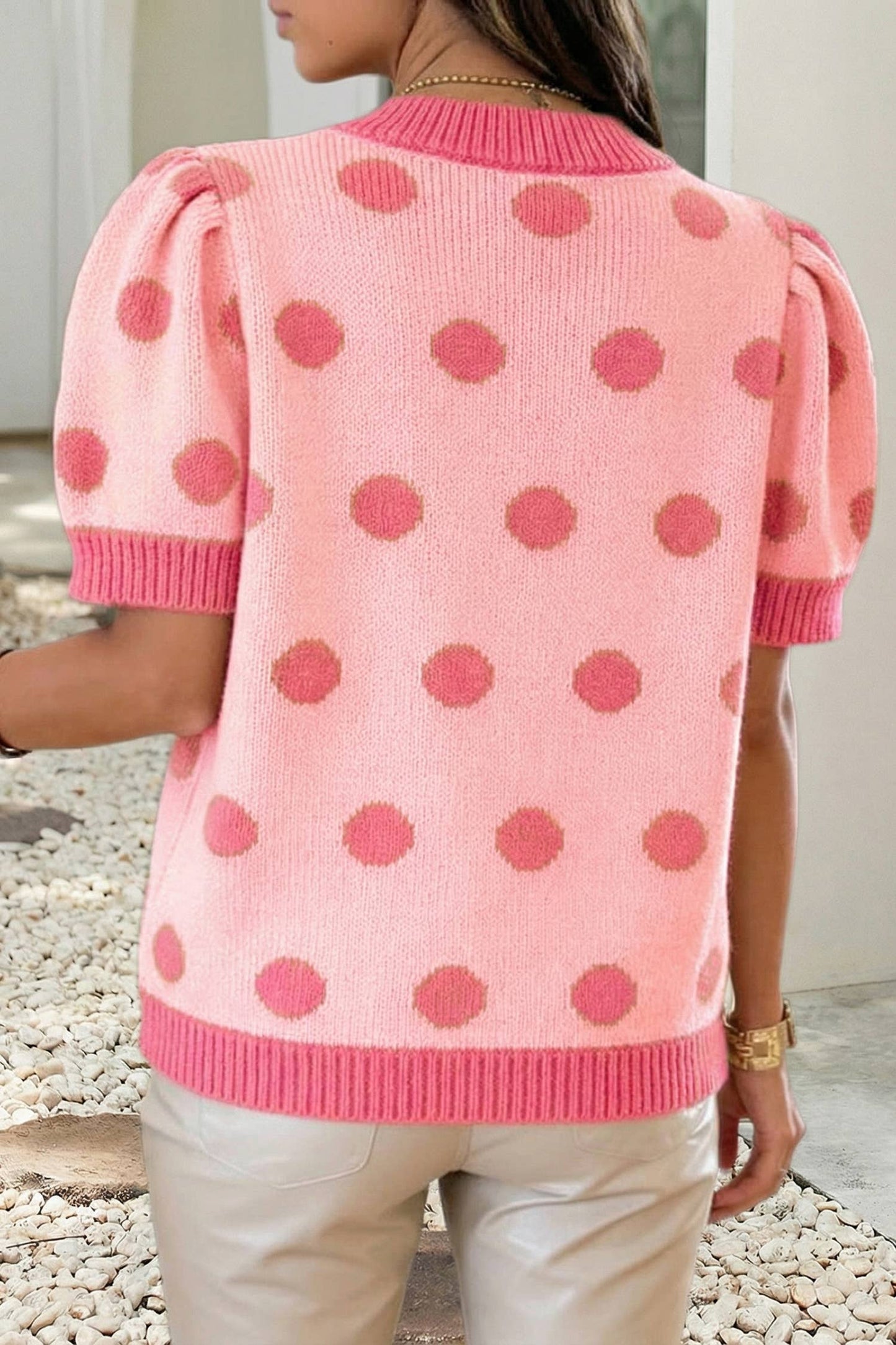 LDC Polka Dot Puff Short Sleeve V Neck Sweater Top: Pink / L