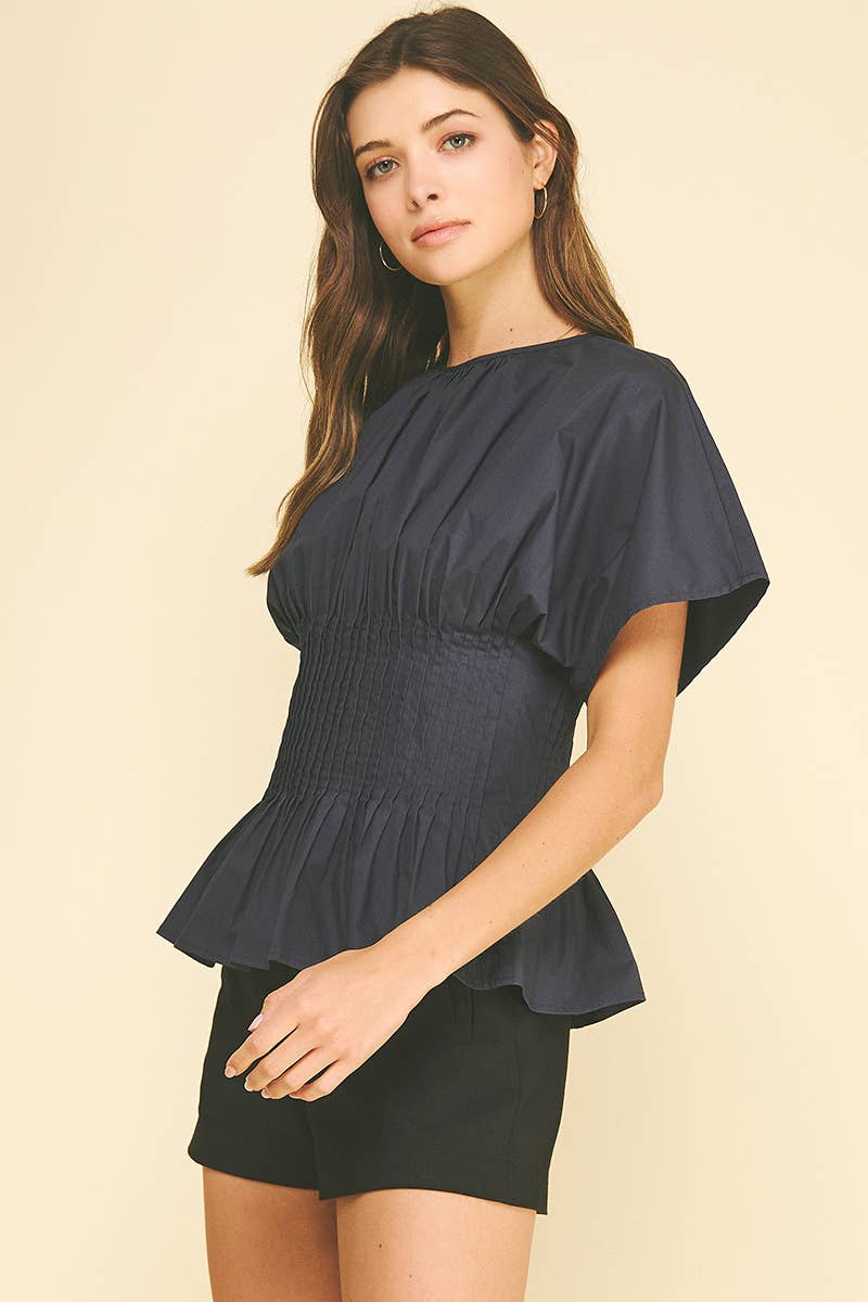 PLEATED WAIST PEPLUM TOP - 7090T: NAVY / M