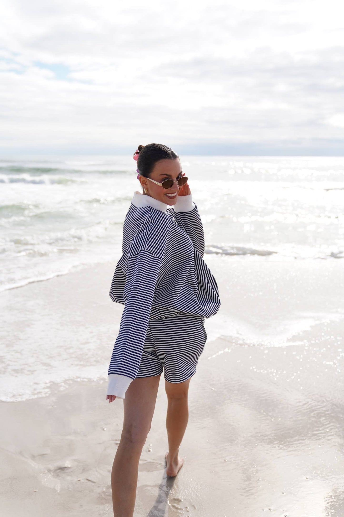 Dark Navy Blue and White Big Striped Mockneck Sweatshirt: Navy Blue/White Big Stripes / Small