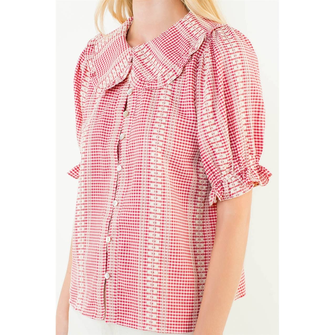 Puff Sleeve Gingham Patterned Top: RED / XS-S-M-L(1-2-2-1)