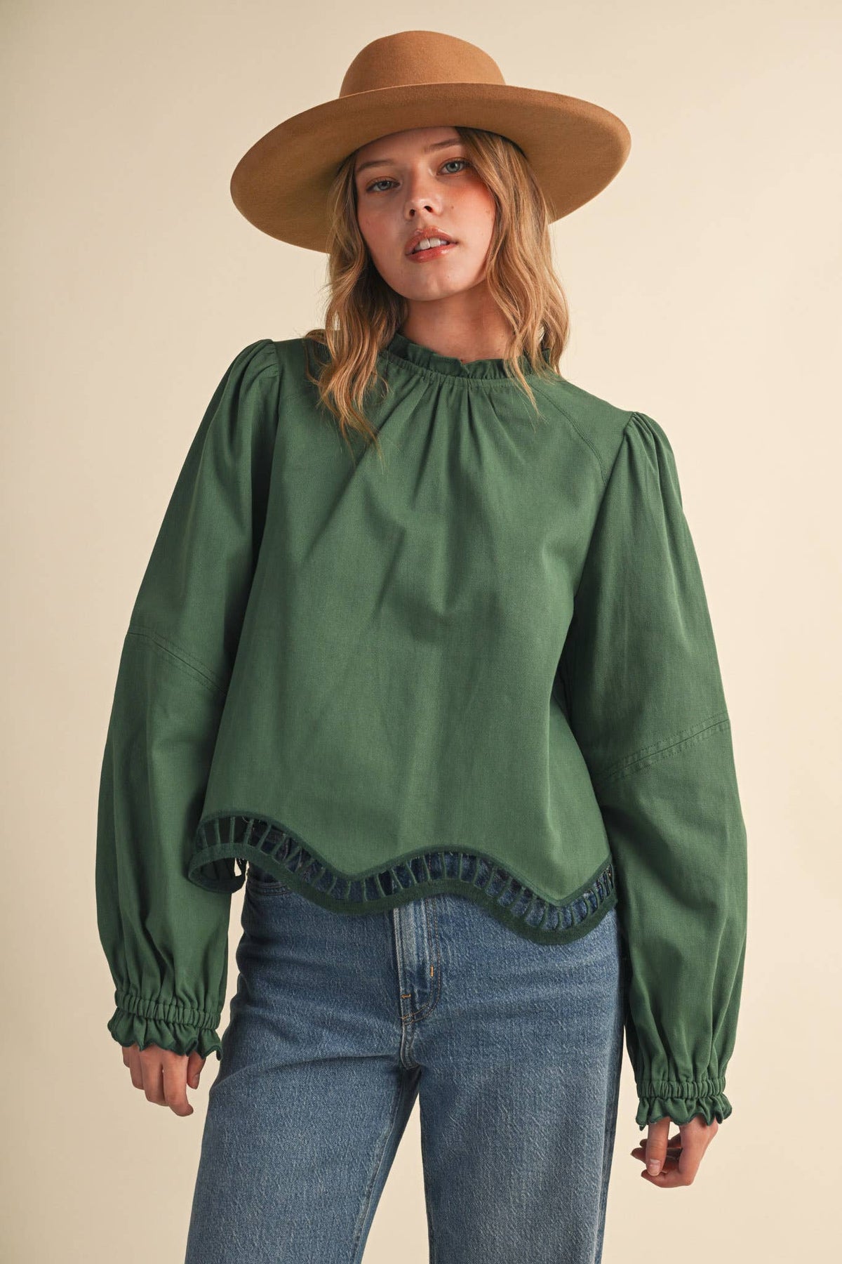 EMBROIDERED CUT-OUT HEM LONG SLEEVE TOP MTP5195: SAGE GARDEN / S