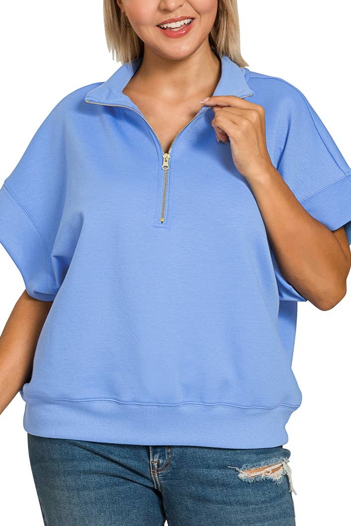 Plus Scuba High Neck Half Zip Short Slv Pullover: CORNFLOWER BLUE / 2-2-1(1X-2X-3X)