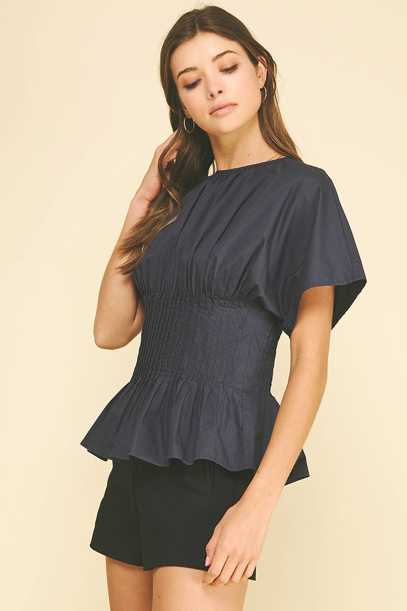 PLEATED WAIST PEPLUM TOP - 7090T: NAVY / L