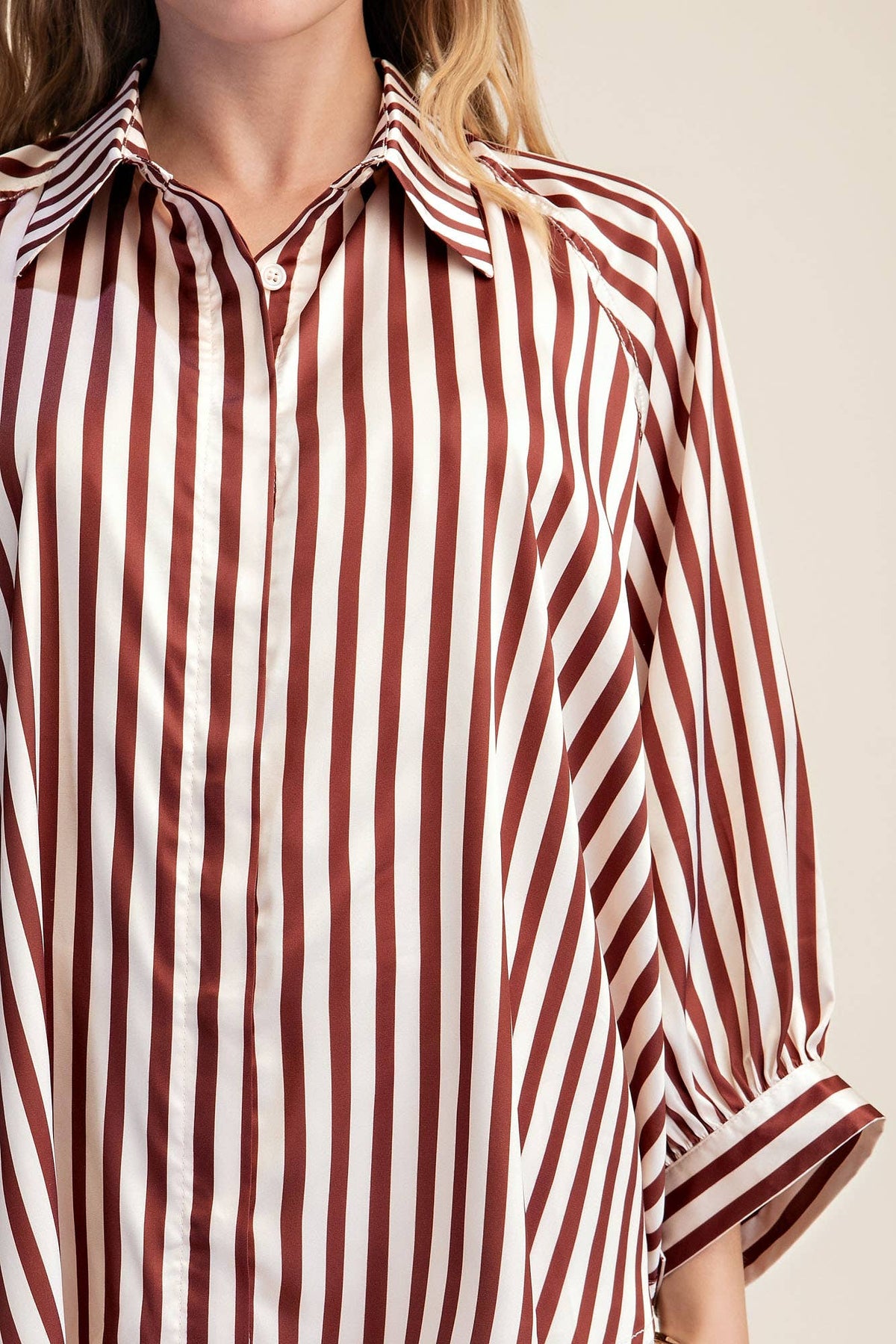 Stripe Wide Puff Sleeve Buttondown Shirt: Olive / L