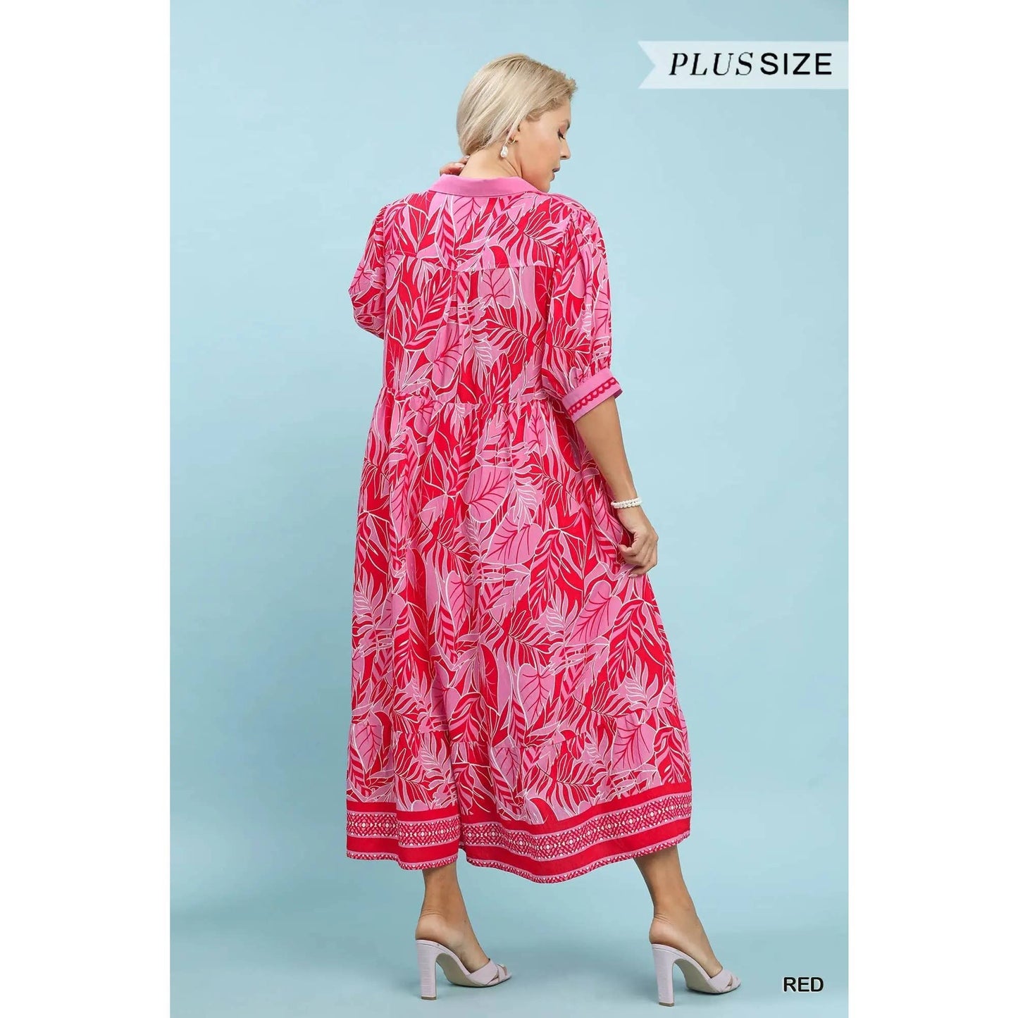 PLUS Leafy Border Print V-Neck Midi Dress : BLUE / XL