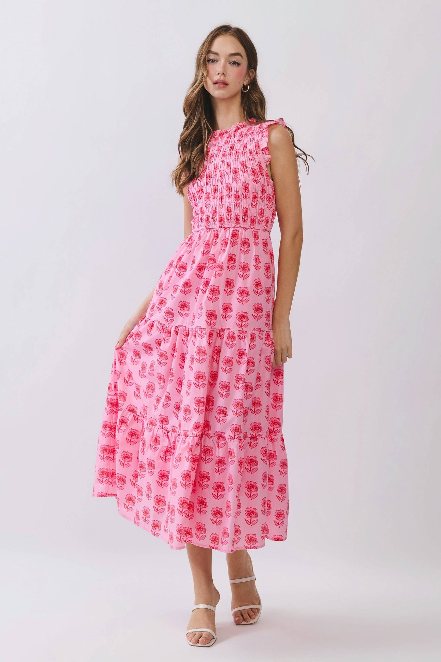 CD07108-Floral Print Smocked Bodice Tiered Midi Dress: Pink / S