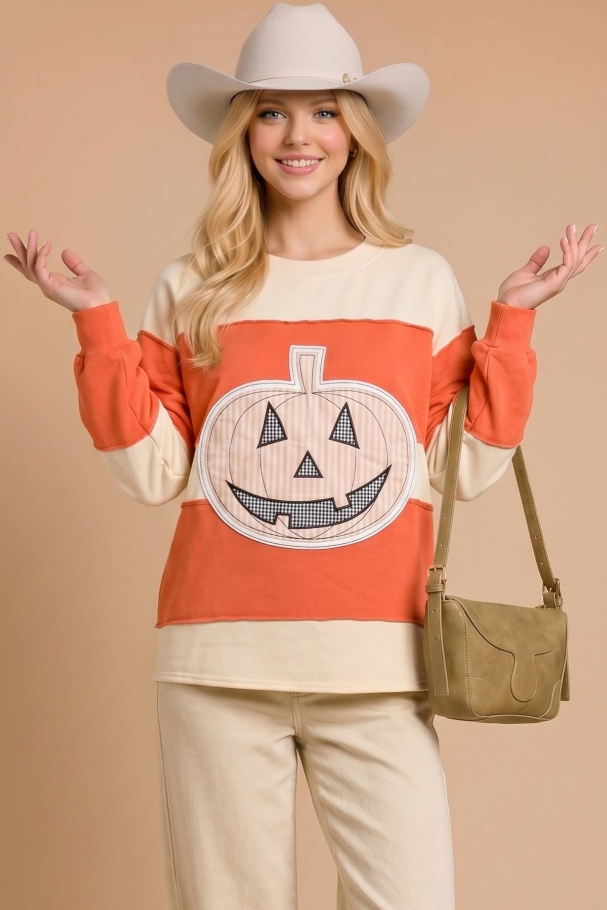 Pumpkin Appliqué Color Block Pullover: BURNT ORANGE/CREAM / S-M-L (2-2-2)
