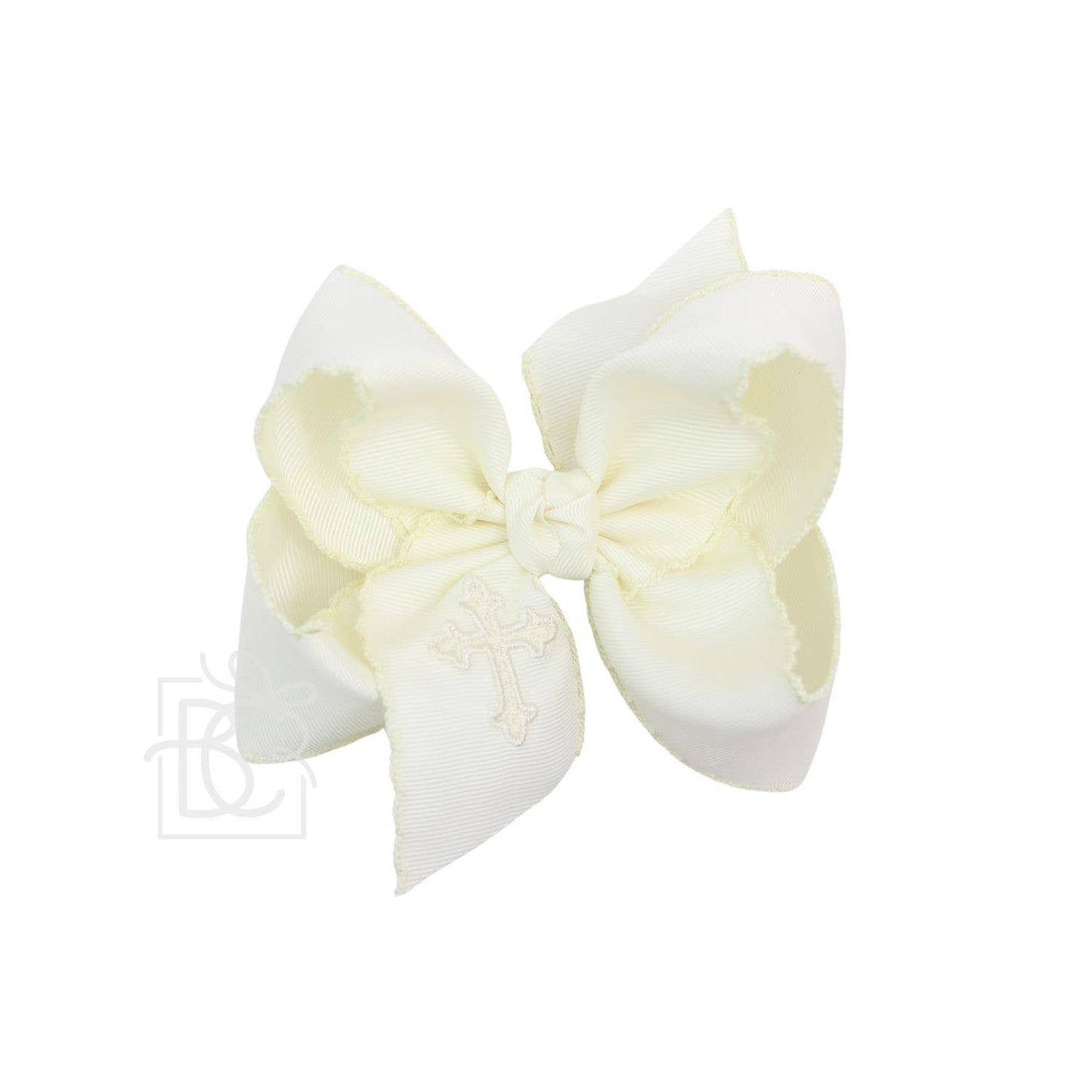 EMBROIDERED CROSS CROCHET EDGE BOWS: Antique white/ White / 4.5" Large Bow