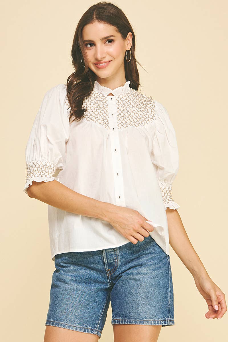 EMBROIDERED BUTTON DOWN BLOUSE TOP - 4951TB: Pink / S