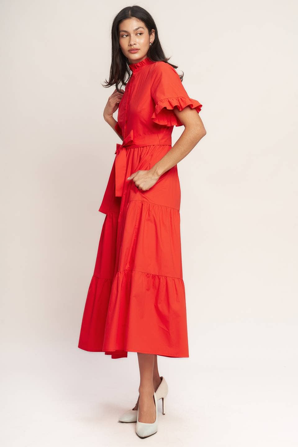 A solid woven midi dress - ID23457 ORANGE RED: ORANGE RED / Contemporary / M