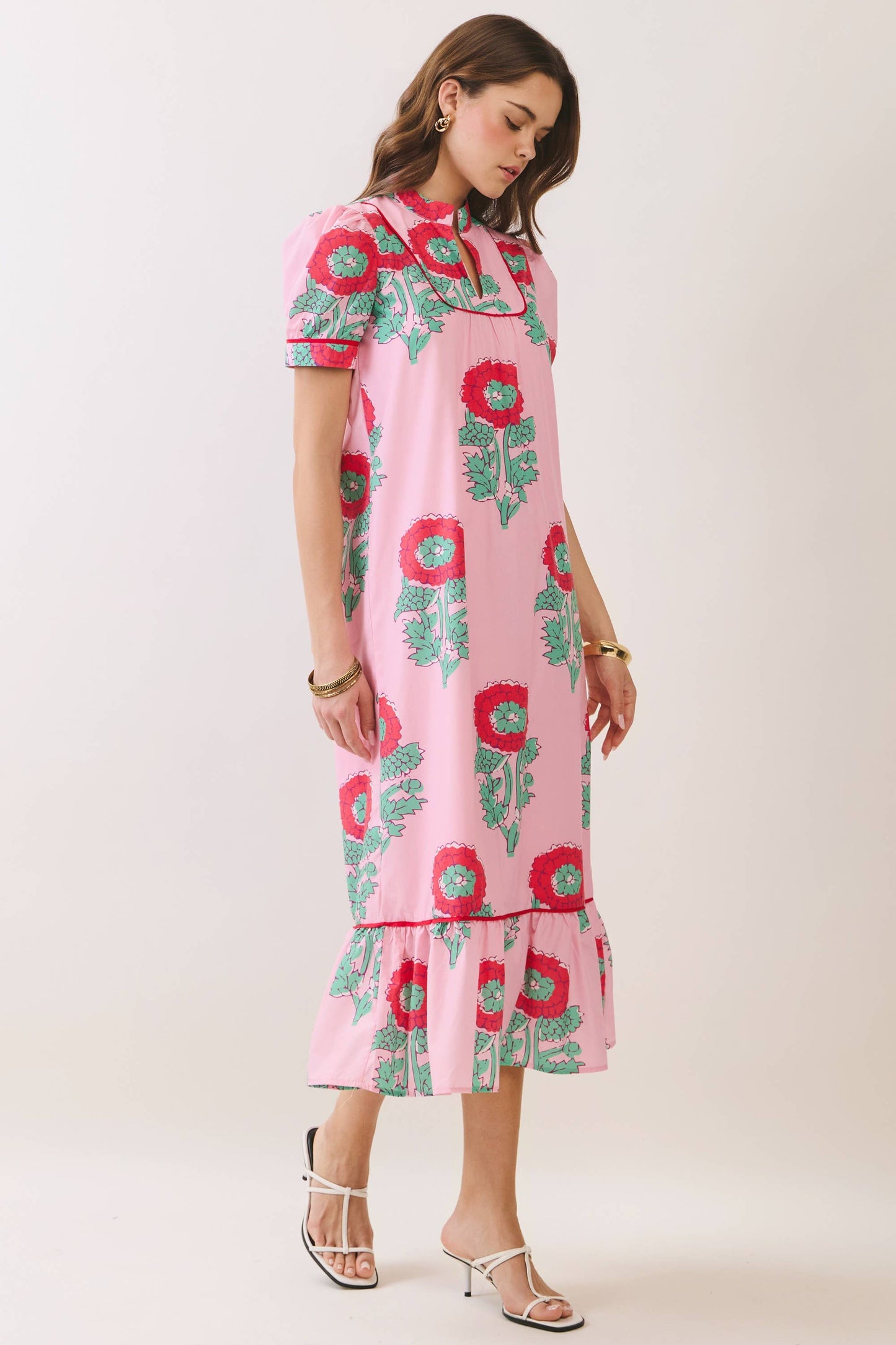 CD06976-Floral Print Mandarin Collar Midi Dress: Pink / L