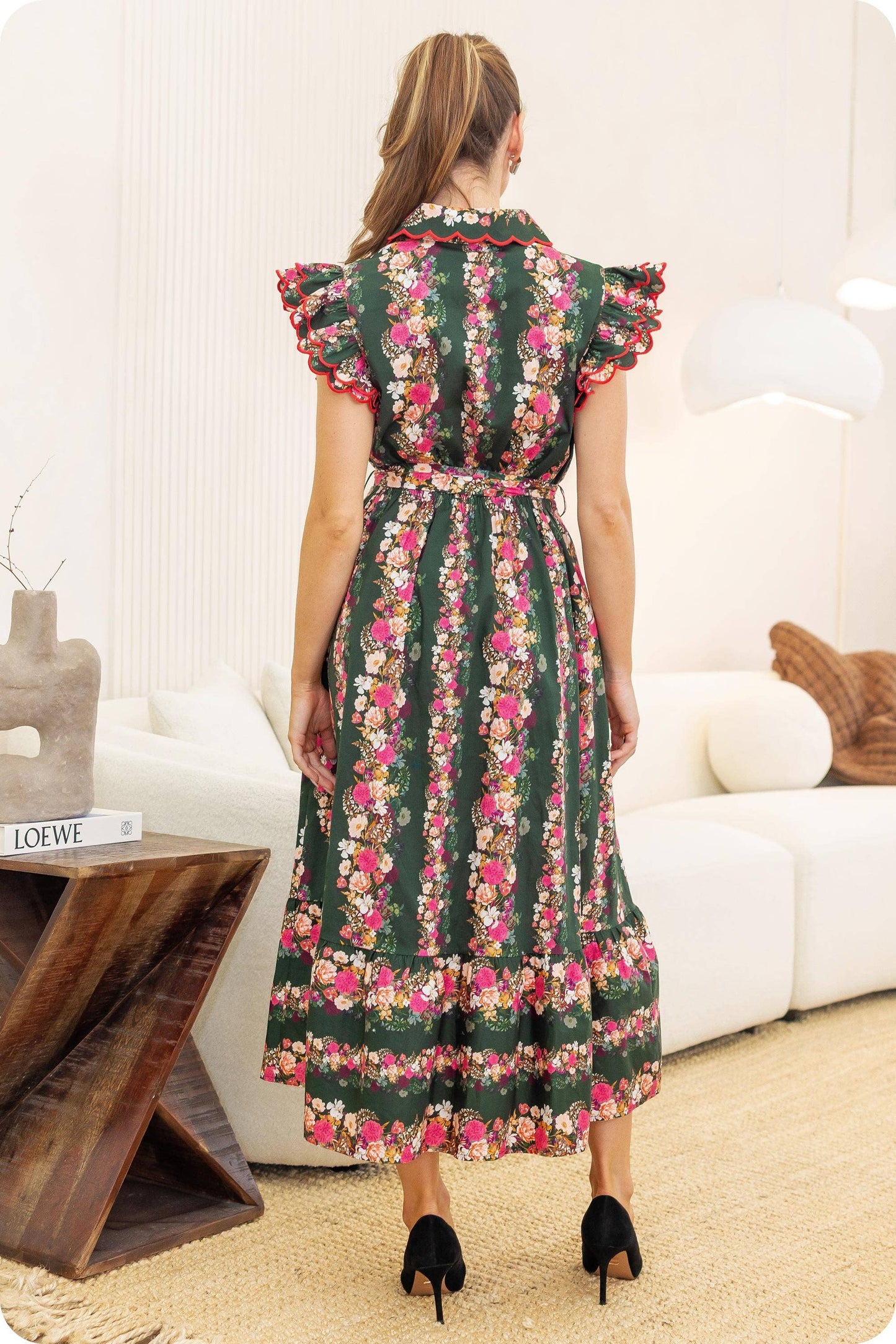 Ruffle Scallop Embroidery Floral Midi Dress: Deep Green/pink Multi / L