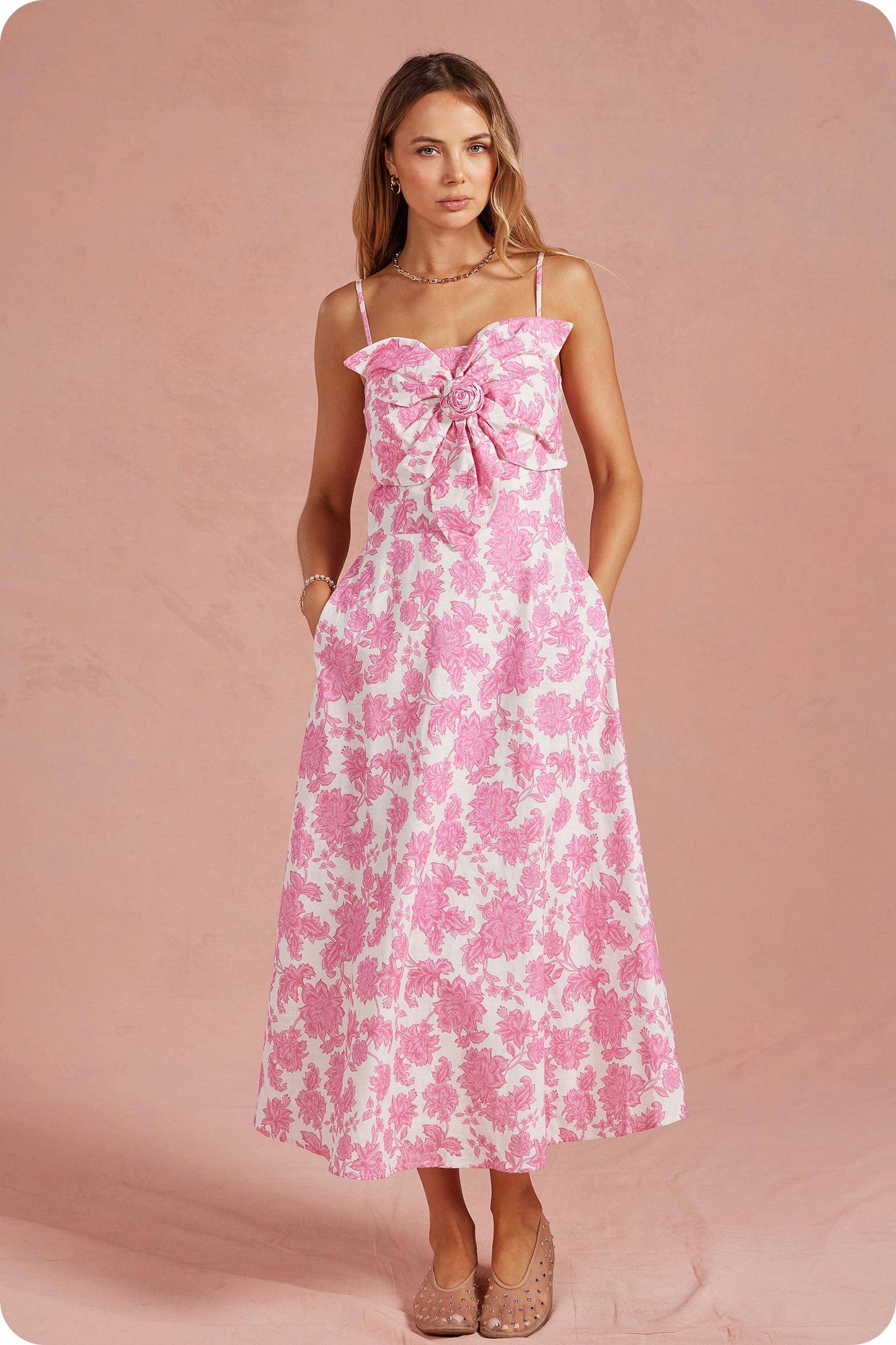 Botanical Garden Bow Flower Sleeveless Midi Dress: Pink/white / S