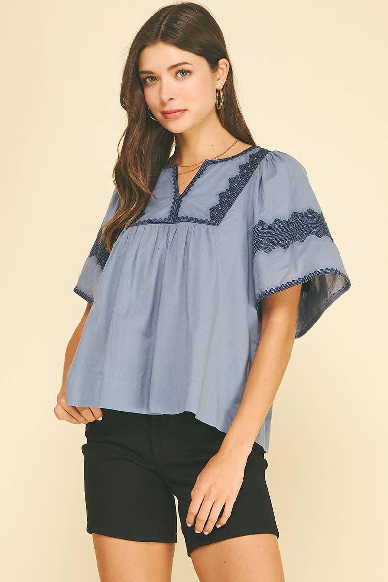 BOHO EMBROIDRED PUFF SLEEVE BLOUSE - 7132T: Blue / L