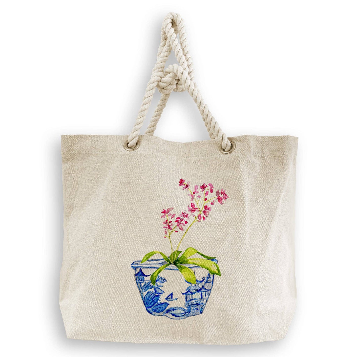 Blue & White Bowl with Pink Orchid: Dishtowel / -